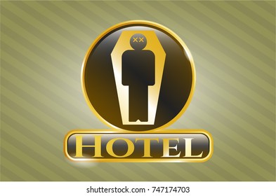  Shiny emblem with dead man in his coffin icon and Hotel text inside