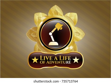 Shiny emblem with desk lamp icon and Live a Life of Adventure text inside