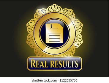  Shiny emblem with diskette icon and Real results text inside