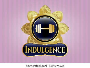  Shiny emblem with dumbbell icon and Indulgence text inside