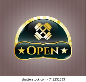  Shiny emblem with dumbbell icon and Open text inside