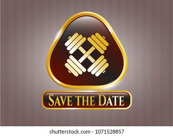  Shiny emblem with dumbbell icon and Save the Date text inside
