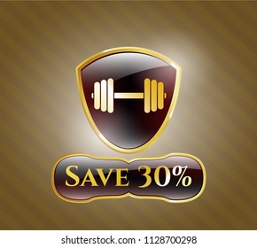  Shiny emblem with dumbbell icon and Save 30% text inside