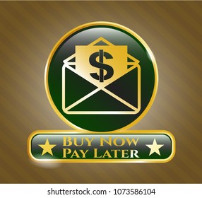  Shiny emblem with envelope with paper with money symbol inside icon and Buy Now Pay Later text inside