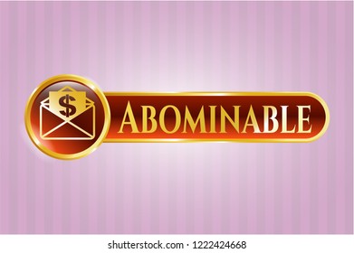  Shiny emblem with envelope with paper with money symbol inside icon and Abominable text inside