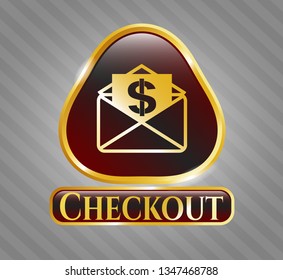  Shiny emblem with envelope with paper with money symbol inside icon and Checkout text inside