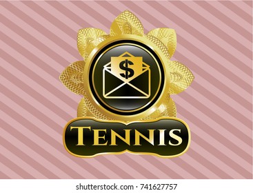  Shiny emblem with envelope with paper with money symbol inside icon and Tennis text inside