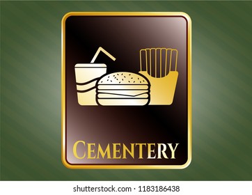  Shiny emblem with fast food icon and Cemetery text inside