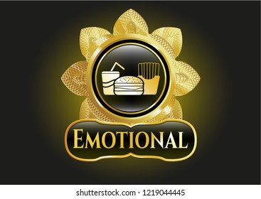  Shiny emblem with fast food icon and Emotional text inside