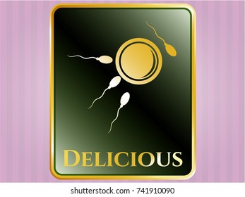  Shiny emblem with fertilization icon and Delicious text inside