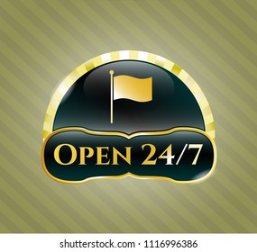  Shiny emblem with flag icon and Open 24/7 text inside