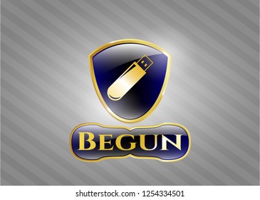  Shiny emblem with flash drive icon and Begun text inside