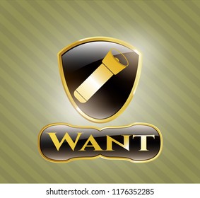  Shiny emblem with flashlight icon and Want text inside
