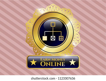  Shiny emblem with flowchart icon and Earn Money Online text inside
