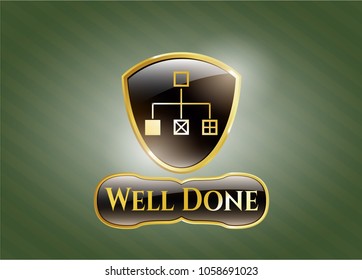 Shiny emblem with flowchart icon and Well Done text inside