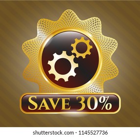  Shiny emblem with gear, team work icon and Save 30% text inside