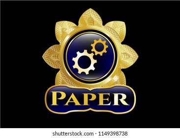  Shiny emblem with gear, team work icon and Paper text inside