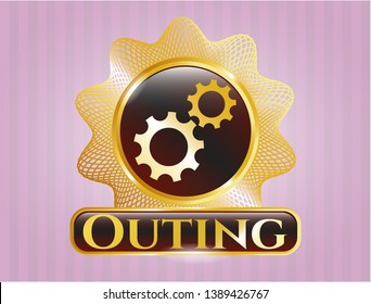  Shiny emblem with gear, team work icon and Outing text inside