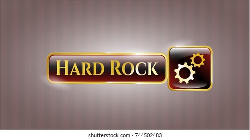  Shiny emblem with gear, team work icon and Hard Rock text inside