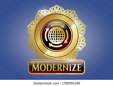  Leuchtendes Emblem mit Globalisierungssymbol und modernisierter Text im Inneren