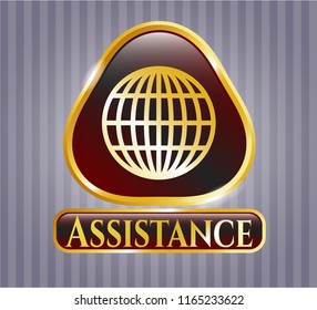  Shiny emblem with globe, website icon and Assistance text inside