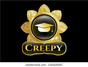  Shiny emblem with graduation cap icon and Creepy text inside