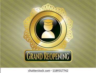 Shiny emblem with graduation icon and Grand Reopening text inside