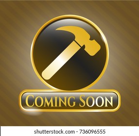  Shiny emblem with hammer icon and Coming Soon text inside