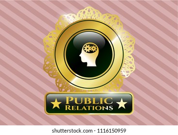  Shiny emblem with head with gears inside icon and Public Relations text inside