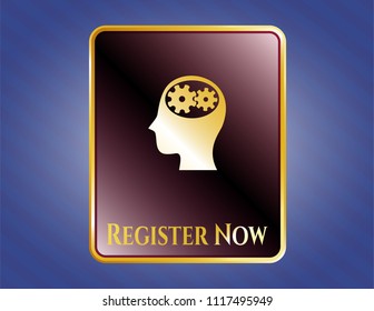  Shiny emblem with head with gears inside icon and Register Now text inside