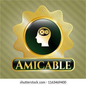  Shiny emblem with head with gears inside icon and Amicable text inside
