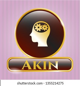  Shiny emblem with head with gears inside icon and Akin text inside