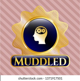  Shiny emblem with head with gears inside icon and Muddled text inside