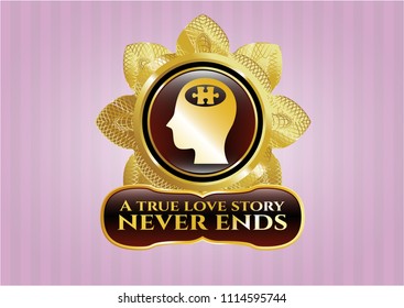  Shiny emblem with head with jigsaw puzzle piece icon and A true love story never ends text inside