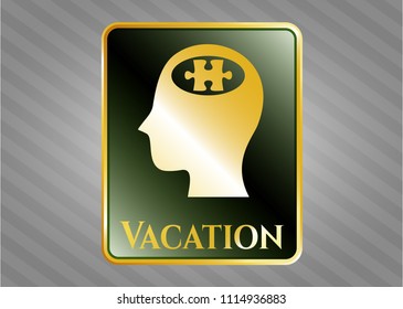  Shiny emblem with head with jigsaw puzzle piece icon and Vacation text inside