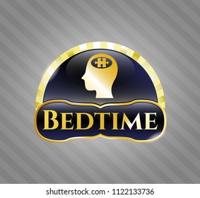  Shiny emblem with head with jigsaw puzzle piece icon and Bedtime text inside