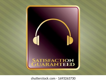  Shiny emblem with headphones icon and Satisfaction Guaranteed text inside