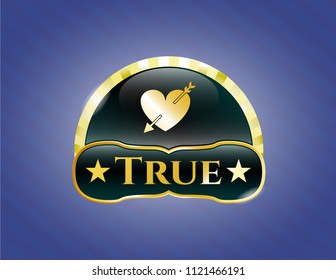  Shiny emblem with heart with arrow icon and True text inside