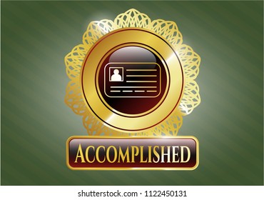  Shiny emblem with identification card icon and Accomplished text inside