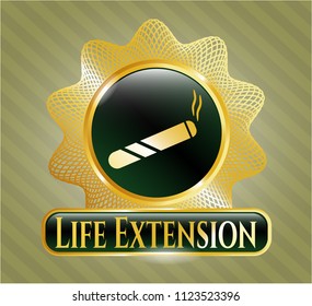   Shiny emblem with joint, cigarette icon and Life Extension text inside