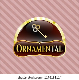  Shiny emblem with key icon and Ornamental text inside