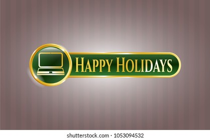  Shiny emblem with laptop icon and Happy Holidays text inside