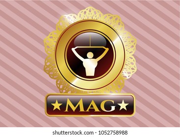    Shiny emblem with lat pull down, exercise icon and Mag text inside