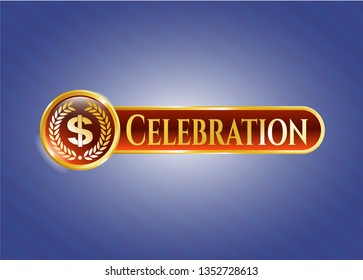  Shiny emblem with laurel wreath with money symbol inside icon and Celebration text inside