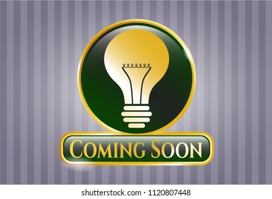  Shiny emblem with light bulb icon and Coming Soon text inside