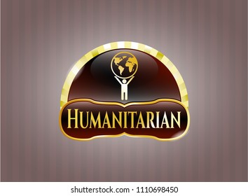   Shiny emblem with man lifting world icon and Humanitarian text inside
