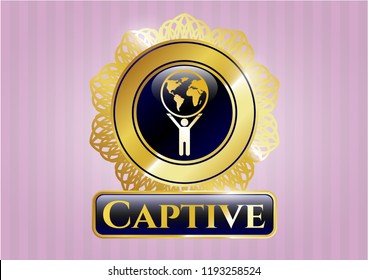  Shiny emblem with man lifting world icon and Captive text inside