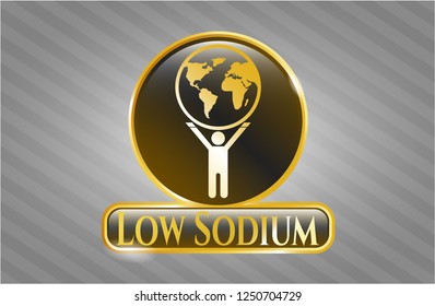  Shiny emblem with man lifting world icon and Low Sodium text inside