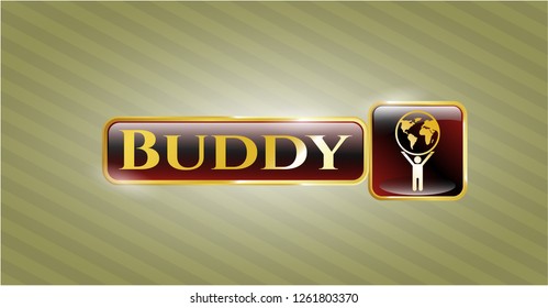  Shiny emblem with man lifting world icon and Buddy text inside