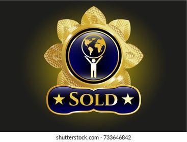  Shiny emblem with man lifting world icon and Sold text inside